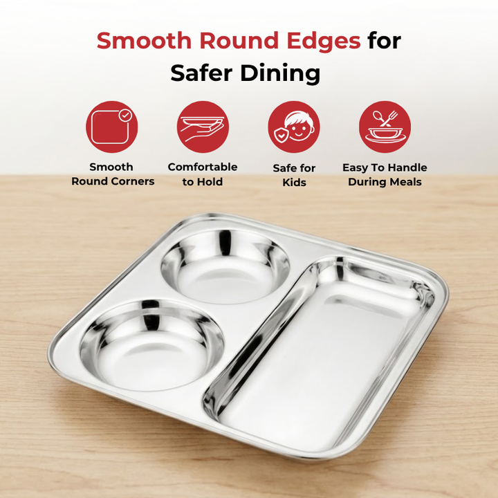 VINOD Stainless Steel 3 In 1 Compartment Plate with Round Edges, Pav Bhaji Plate, Idli Sambhar Plate, Lunch / Dinner Plate [Pack of 2]