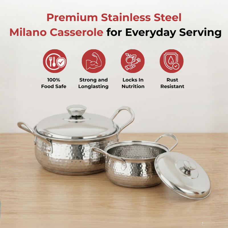 Vinod stainless steel milano hammered serving casserole, set of 2, 1230 ml, 1630 ml, angled view