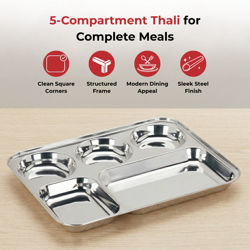 VINOD Stainless Steel 5 Compartment Plate with Round Edges, Lunch & Dinner Plate, Bhojan Thali, High Quality Steel, Rust Free [Pack of 2]