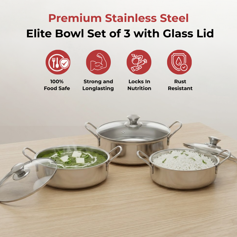 Vinod stainless steel Elite bowl 3 pcs set with glass lids & side handles, top view