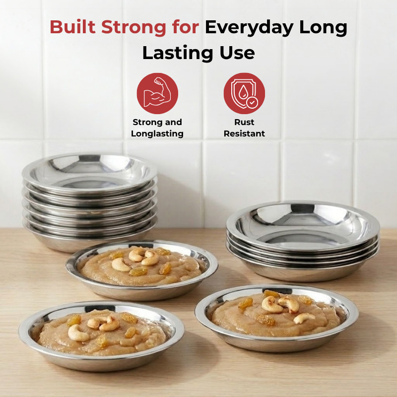 Vinod Stainless Steel Round Beeding Halwa / Dessert Plate Set of 12 Pieces, top view