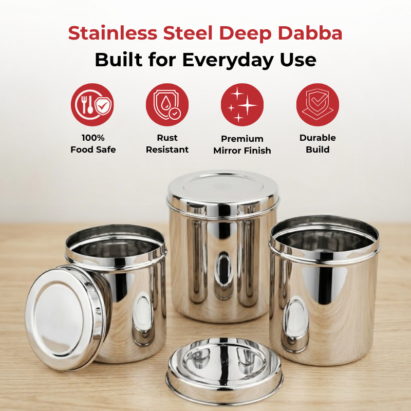 Vinod Stainless Steel Deep Dabba Set of 3 - 350 ml, 500 ml & 750 ml in Steel, top view