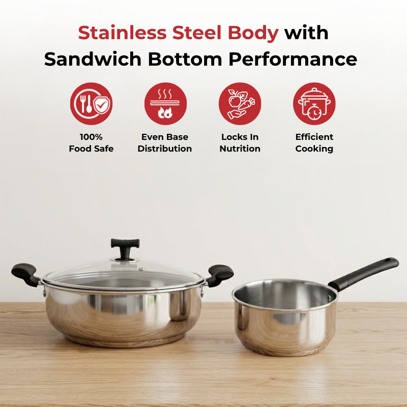 Vinod Doniv stainless steel sandwich bottom solitaire cookware set / 1 pcs sauce pan / 1 pcs kadhai, set of 2 pcs, top view
