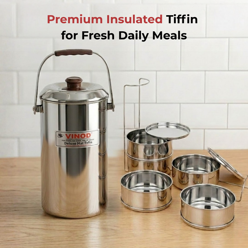 Vinod stainless steel deluxe hot tiffin with 5 compartments, angled view
