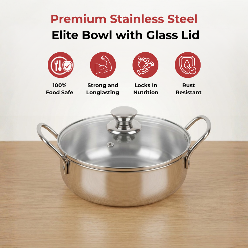 Vinod Stainless Steel Elite Bowl with Glass Lid & Side Handles, top view