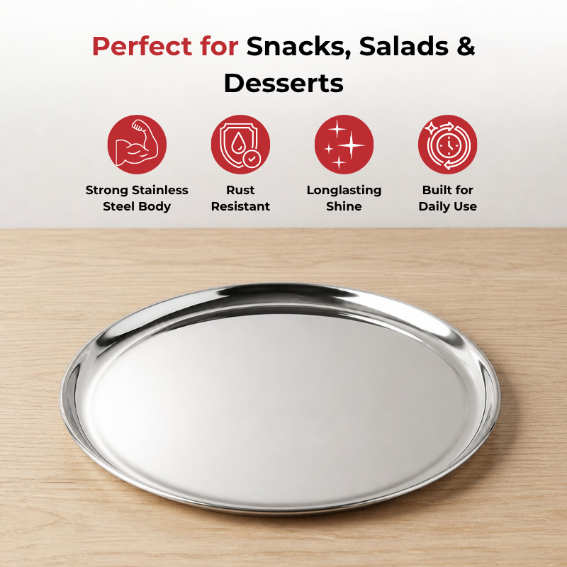 Vinod stainless steel Bangla Bogi lunch plate set of 6, 21 cm, mirror finish, top view