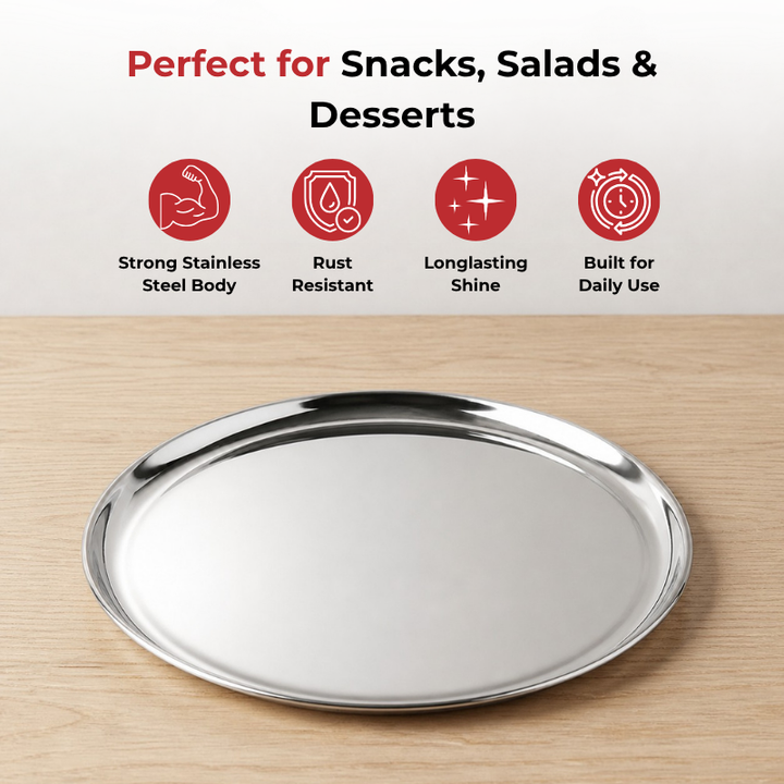 VINOD Stainless Steel Bangla Bogi Plate, Lunch Plate, Dinner Plate Set of 6 - 21 cm, High Grade Stainless Steel, Mirror Finish