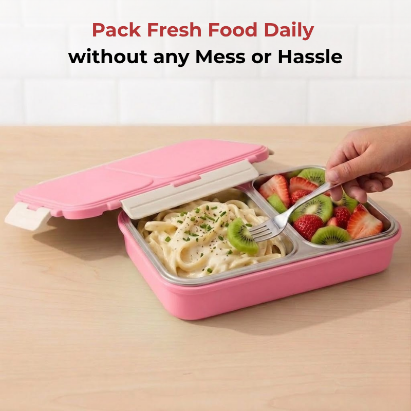 Vinod stainless steel 2 compartment tiffin in pink, silicone-sealed airtight lid, top view