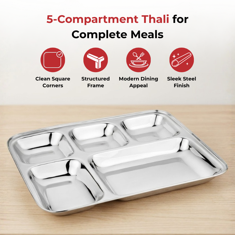 VINOD Stainless Steel 5 Compartment Plate with Square Edges, Lunch & Dinner Plate, Bhojan Thali, High Quality Steel, Rust Free [Pack of 2]
