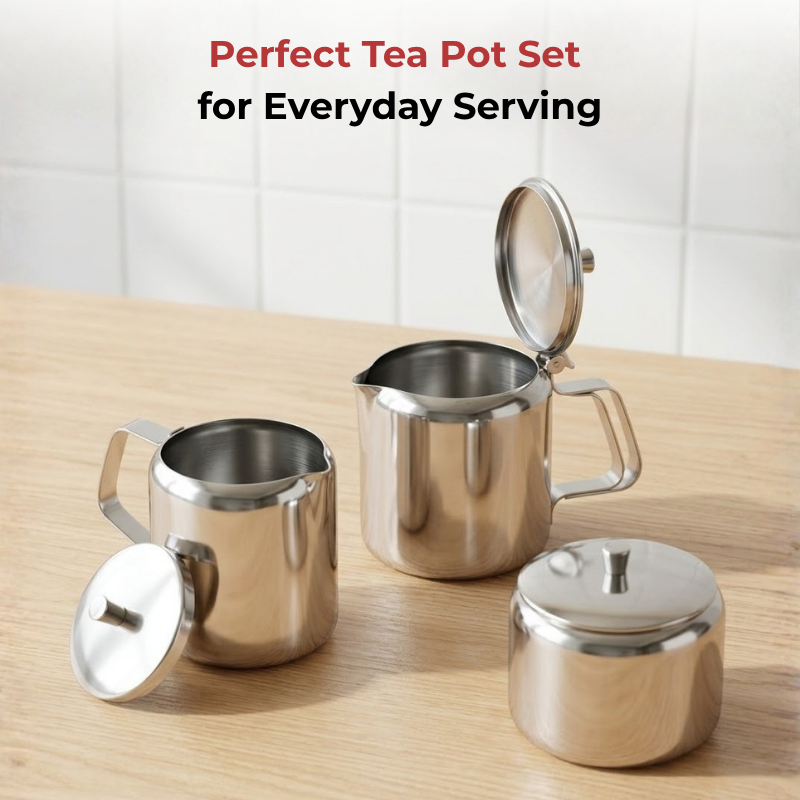 Vinod stainless steel 3 piece jumbo tea set, 1400 ml tea pot with 250 ml milk and sugar pots, top view