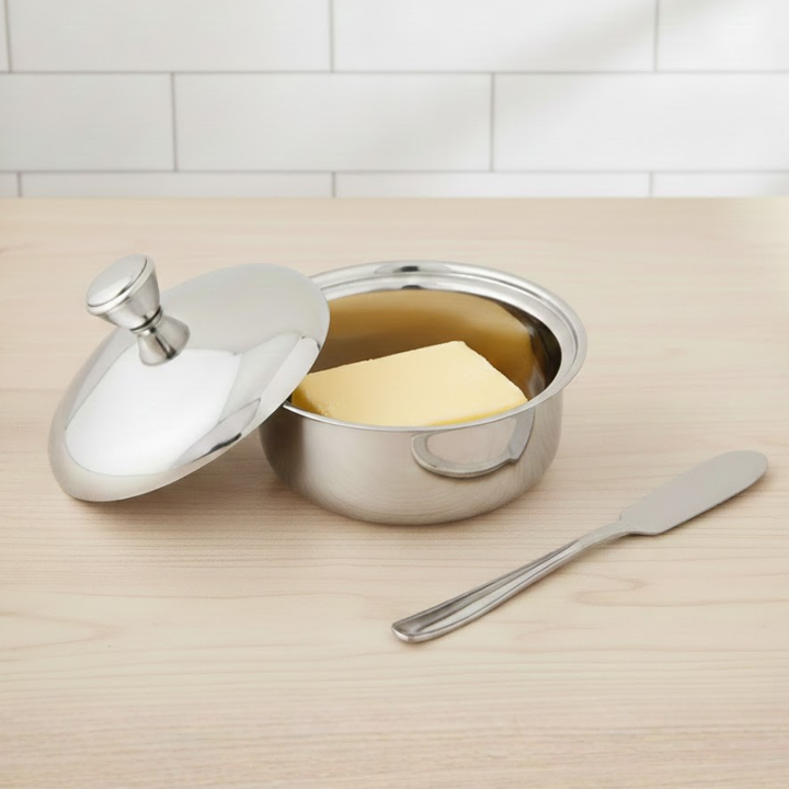 विनोद स्टेनलेस स्टील बटर पॉट बटर नाइफ के साथ, क्षमता 100 ग्राम