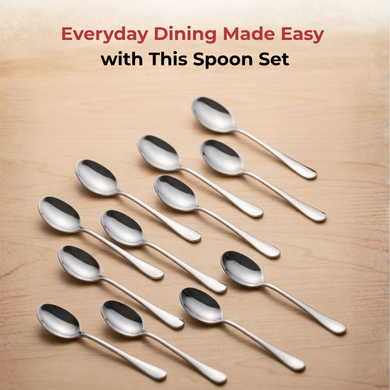 VINOD Decora Stainless Steel Dessert Spoon Set of 12-Piece, Heavy Gauge Steel, Mirror Finish, Rust Free, Tough Strong & Durable