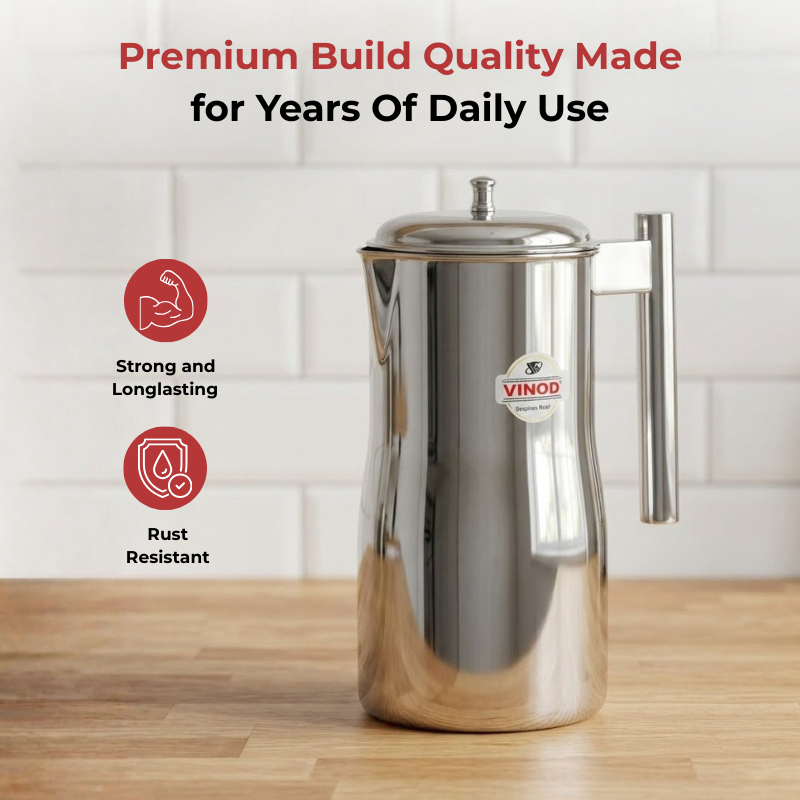 VINOD Stainless Steel Magnum Water Pitcher / Jug with Cover - 1700 ml, Mirror Finish, Sturdy Tough Build, Dishwasher Safe, Leak Free