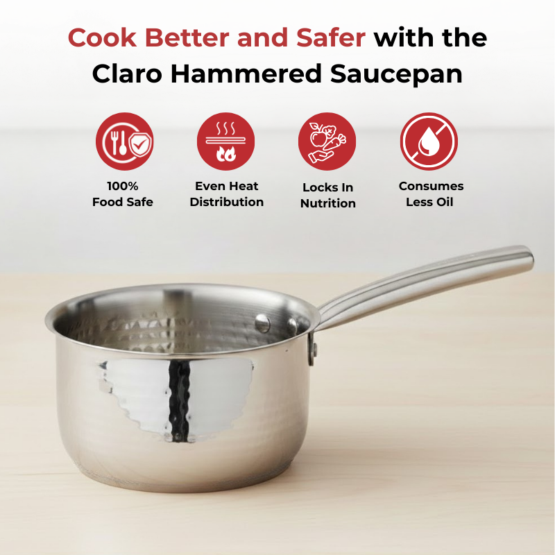 Vinod – Claro Heavy Gauge Stainless Steel Hammered Sauce Pan, 1.5 mm – Capacity 900 ml