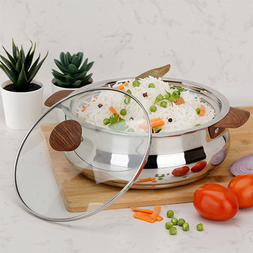 VINOD Stainless Steel Aroma Insulated Casserole with Glass Lid &#038; Wooden Knob | Capacity 2650 ml