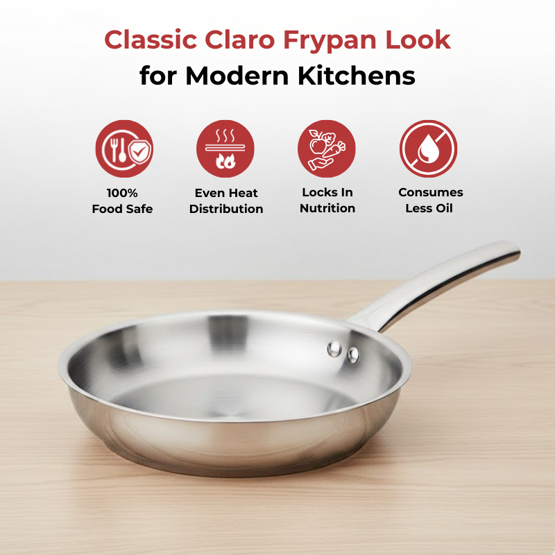 Vinod Claro Heavy Gauge Stainless Steel Fry Pan (Plain) with 1.5 mm, angled view