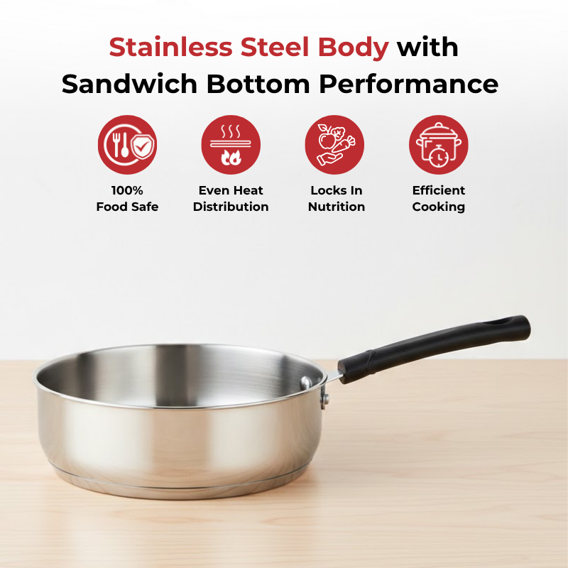 VINOD – DONIV Stainless Steel Sandwich Bottom Solitaire Fry Pan, 22 cms – Induction Friendly. Capacity 2.2 Liter
