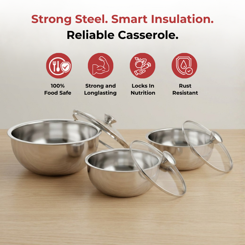 Vinod stainless steel Montero insulated casserole set of 3, 500, 900 and 1500 ml, angled view