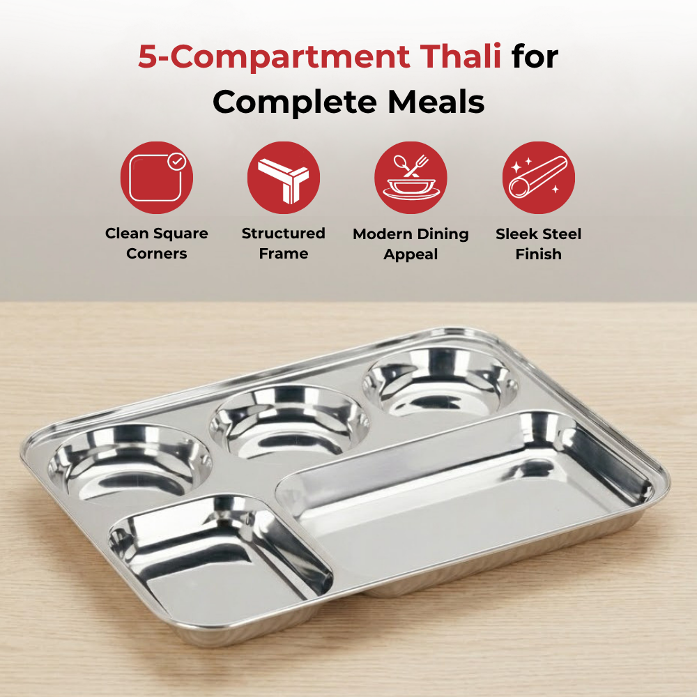 Vinod stainless steel 5 compartment plate with round edges, rust free [pack of 2], top view