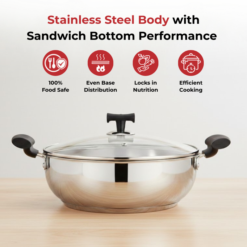 Vinod Doniv Stainless Steel Sandwich Bottom Solitaire Kadai With Glass Lid & Side handle, angled view