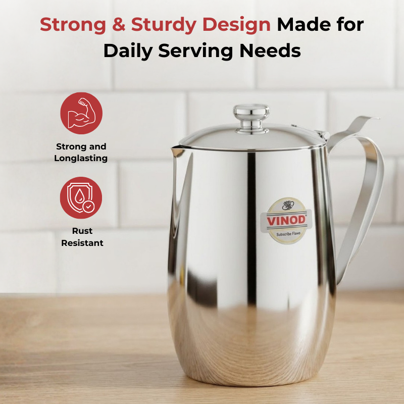 VINOD Stainless Steel Delux Jug Covered - 1400 ml with High Grade Stainless Steel, Mirror Finish, Leakage Proof, Tough & Durable