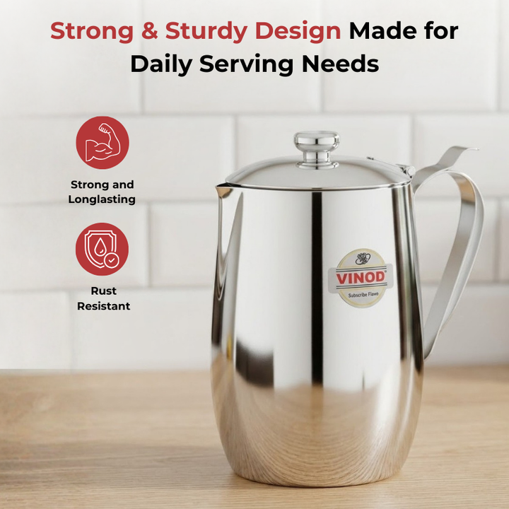 VINOD Stainless Steel Delux Jug Covered - 1400 ml with High Grade Stainless Steel, Mirror Finish, Leakage Proof, Tough & Durable