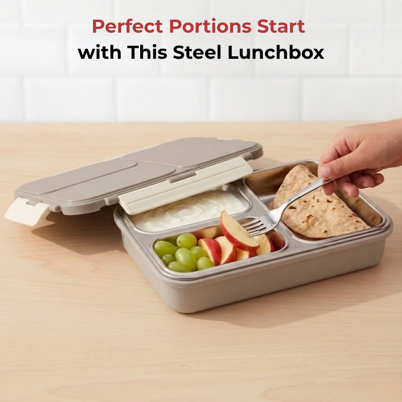 Vinod stainless steel 3 compartment tiffin in grey, silicone-sealed airtight lid, top view