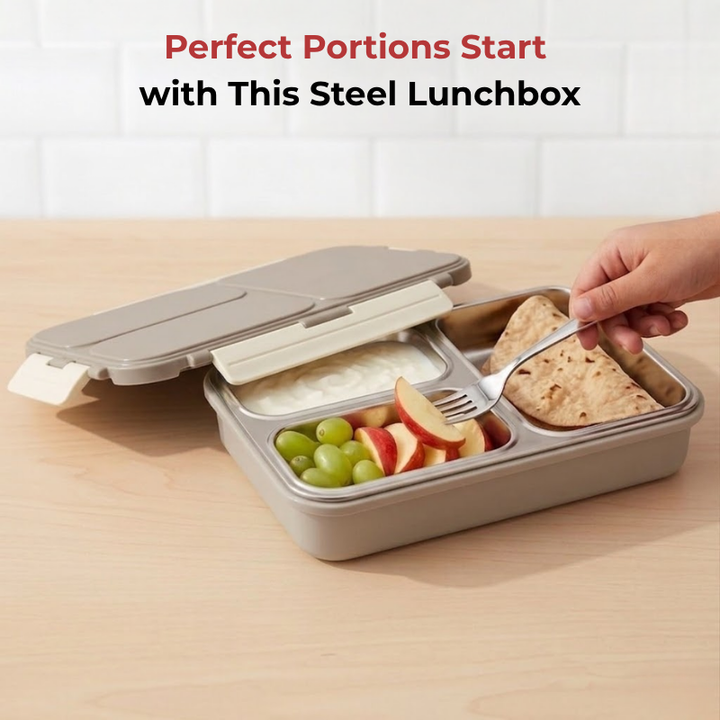 VINOD Stainless Steel 3 Compartment Gray, Airtight Silicone-Sealed Lid, Food-Grade Steel Tray, Insulated, Secure Clips & Lightweight