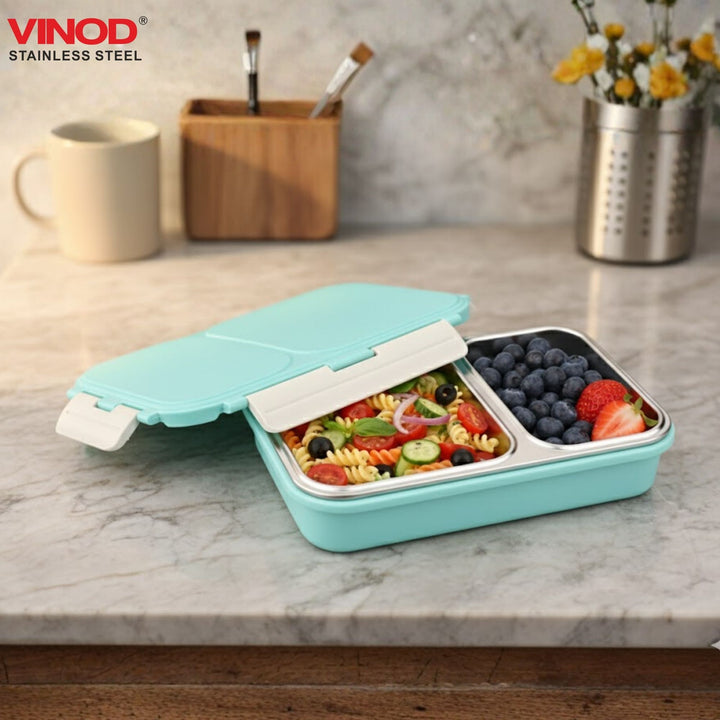 विनोद स्टेनलेस स्टील 2 कम्पार्टमेंट लीक-प्रूफ लंच बॉक्स वैक्यूम सीलबंद टिफिन बॉक्स ऑफिस, बच्चों और वयस्कों के लिए फ्रीजर सेफ बेंटो बॉक्स एयरटाइट कंटेनर, सेफ्टी लॉक के साथ इंसुलेटेड, नीला