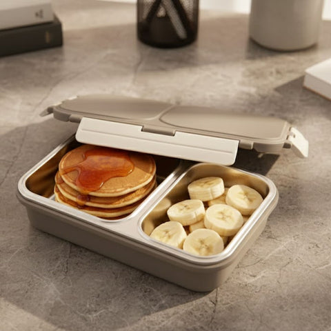 Vinod stainless steel 2 compartment lunch box in grey, silicone-sealed airtight lid, front view