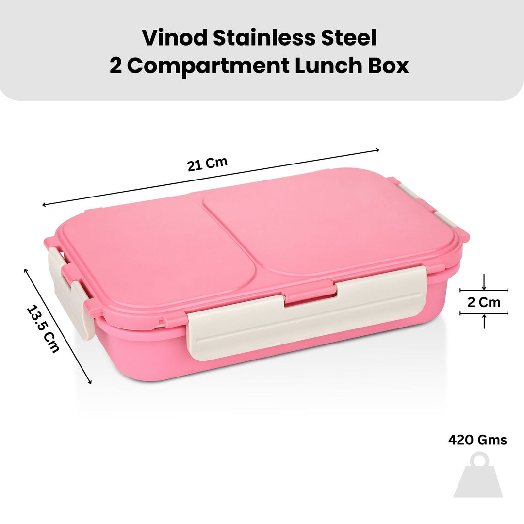 विनोद स्टेनलेस स्टील 2 कम्पार्टमेंट लीक-प्रूफ लंच बॉक्स वैक्यूम सीलबंद टिफिन बॉक्स ऑफिस, बच्चों और वयस्कों के लिए फ्रीजर सेफ बेंटो बॉक्स एयरटाइट कंटेनर, सेफ्टी लॉक के साथ इंसुलेटेड, गुलाबी