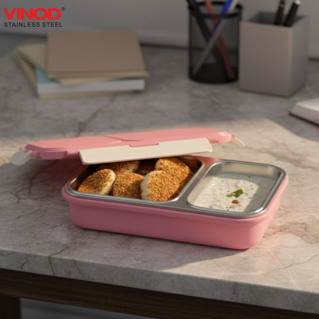 विनोद स्टेनलेस स्टील 2 कम्पार्टमेंट लीक-प्रूफ लंच बॉक्स वैक्यूम सीलबंद टिफिन बॉक्स ऑफिस, बच्चों और वयस्कों के लिए फ्रीजर सेफ बेंटो बॉक्स एयरटाइट कंटेनर, सेफ्टी लॉक के साथ इंसुलेटेड, गुलाबी