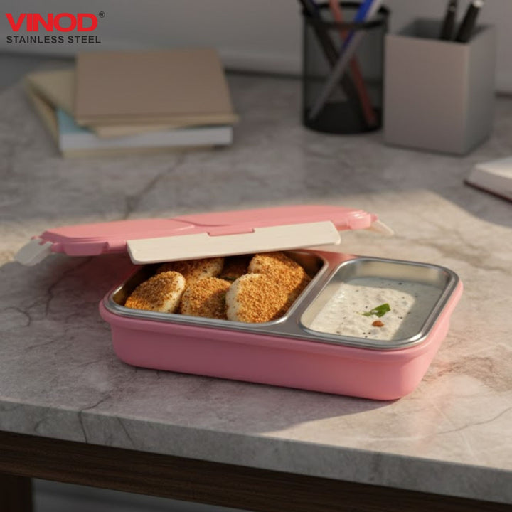 विनोद स्टेनलेस स्टील 2 कम्पार्टमेंट लीक-प्रूफ लंच बॉक्स वैक्यूम सीलबंद टिफिन बॉक्स ऑफिस, बच्चों और वयस्कों के लिए फ्रीजर सेफ बेंटो बॉक्स एयरटाइट कंटेनर, सेफ्टी लॉक के साथ इंसुलेटेड, गुलाबी