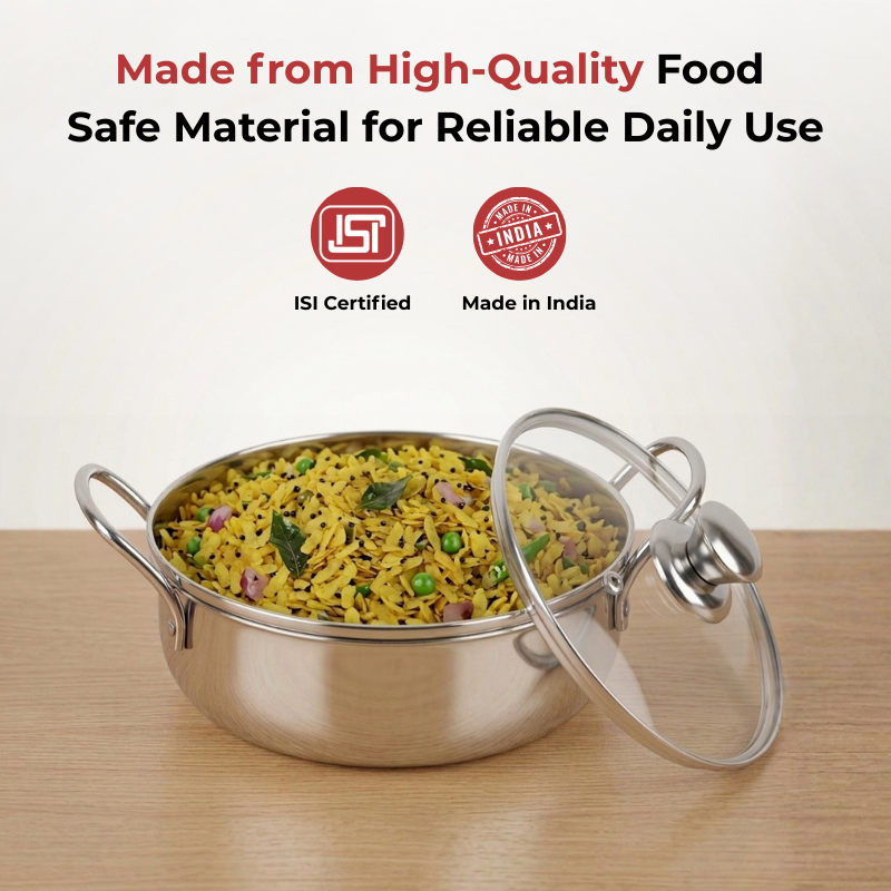 Vinod Stainless Steel Elite Bowl with Glass Lid & Side Handles, angled view