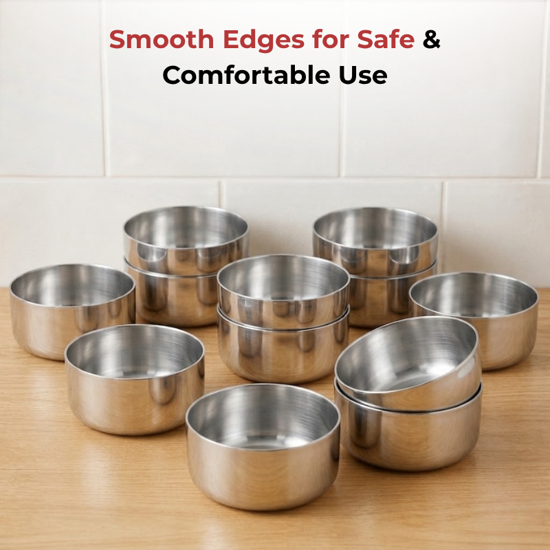 Vinod Stainless Steel Vati / Katori Set of 12 Pieces, angled view