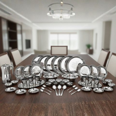 Vinod Laser stainless steel 51 piece dinner set, heavy gauge and dishwasher safe, front view