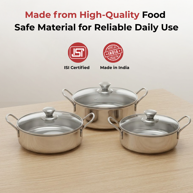 Vinod stainless steel Elite bowl 3 pcs set with glass lids & side handles, angled view
