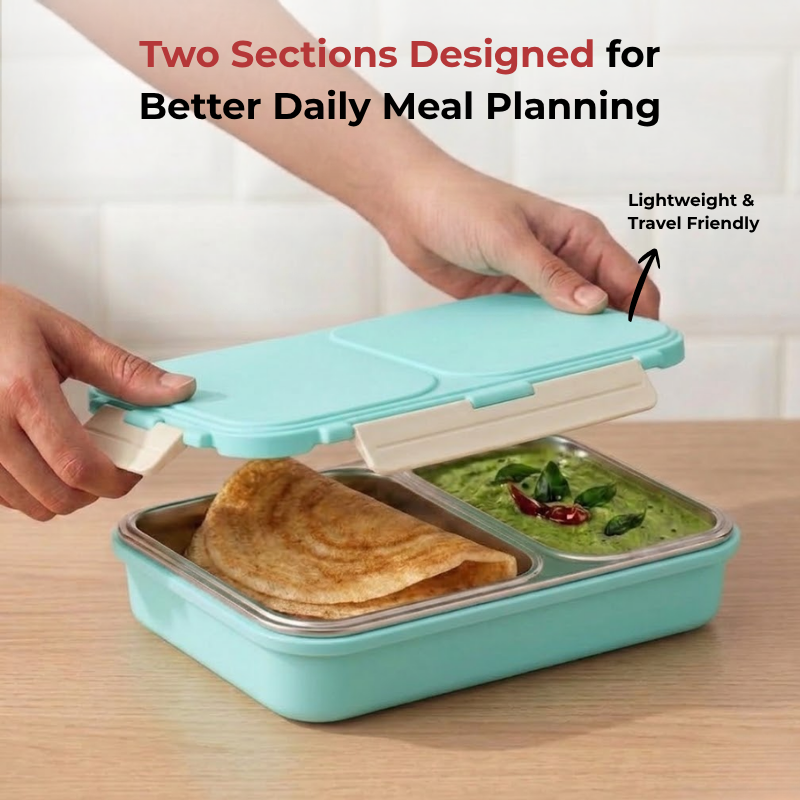 Vinod stainless steel 2 compartment tiffin in blue, airtight and leak-proof, angled view