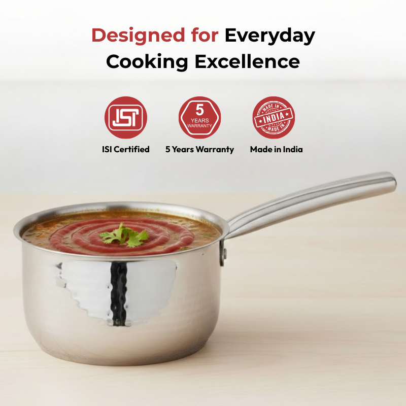 Vinod – Claro Heavy Gauge Stainless Steel Hammered Sauce Pan, 1.5 mm – Capacity 900 ml