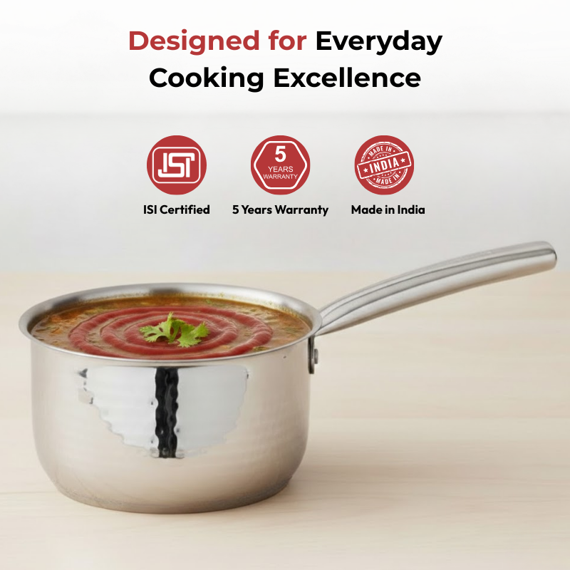 Vinod Claro Heavy Gauge Stainless Steel Hammered Sauce Pan, 1.5 mm, angled view