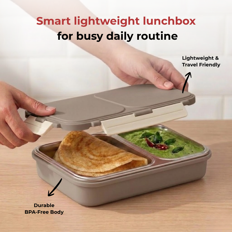 Vinod stainless steel 2 compartment lunch box in grey, silicone-sealed airtight lid, angled view