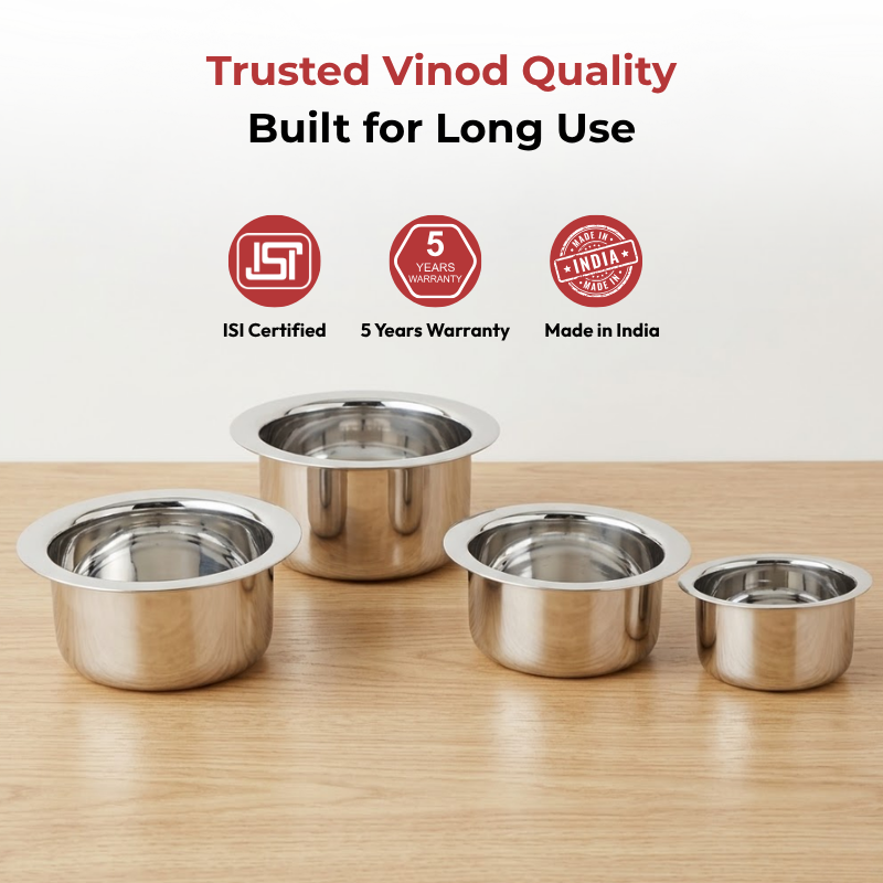 Vinod stainless steel induction friendly flat bottom tope 4 piece set, 3.7 to 6.7 litre, angled view