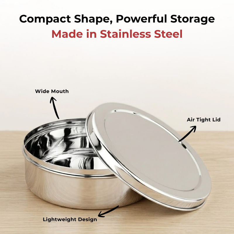 Vinod Stainless Steel Puri Dabba Set of 4 - 300 ml, 450 ml, 650 ml, 1000 ml, angled view