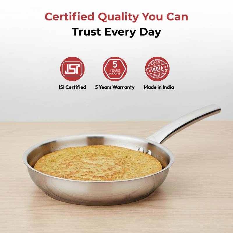 Vinod Claro Heavy Gauge Stainless Steel Fry Pan (Plain) with 1.5 mm, close-up detail