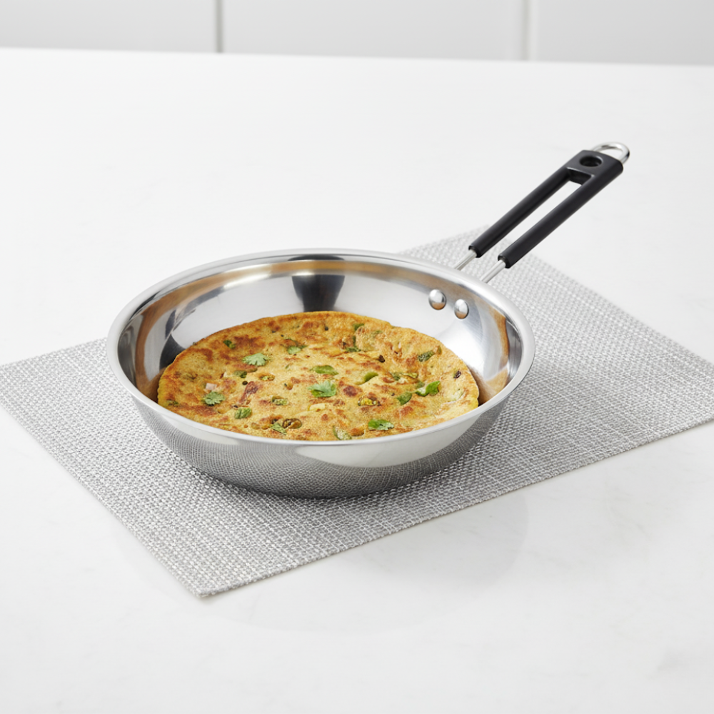 Vinod Stainless Steel Heavy Bottom Royal Fry Pan Dishwasher Safe, Gas Stove & Induction Compatible, Durable, 22 Cm Frying Pan, Soft Touch Handle, Kitchen Utensil