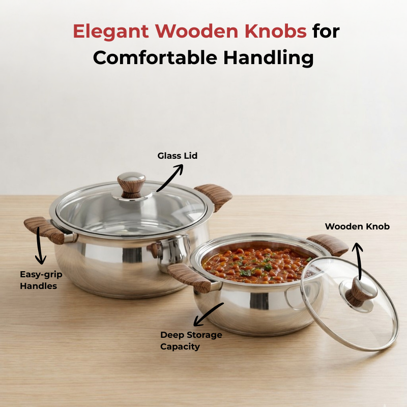 VINOD Stainless Steel Aroma Insulated Casserole with Glass Lid & Wooden Knob – Set of 2 Pcs – Capacity 750 ml & 1250 ml