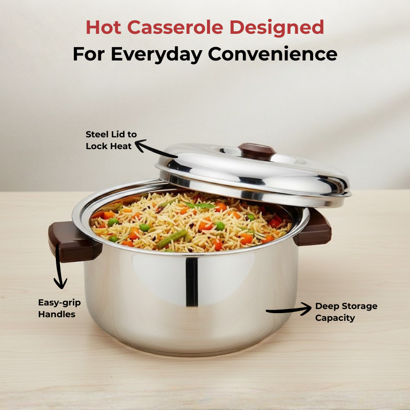Vinod Stainless Steel Hot Casserole, close-up detail