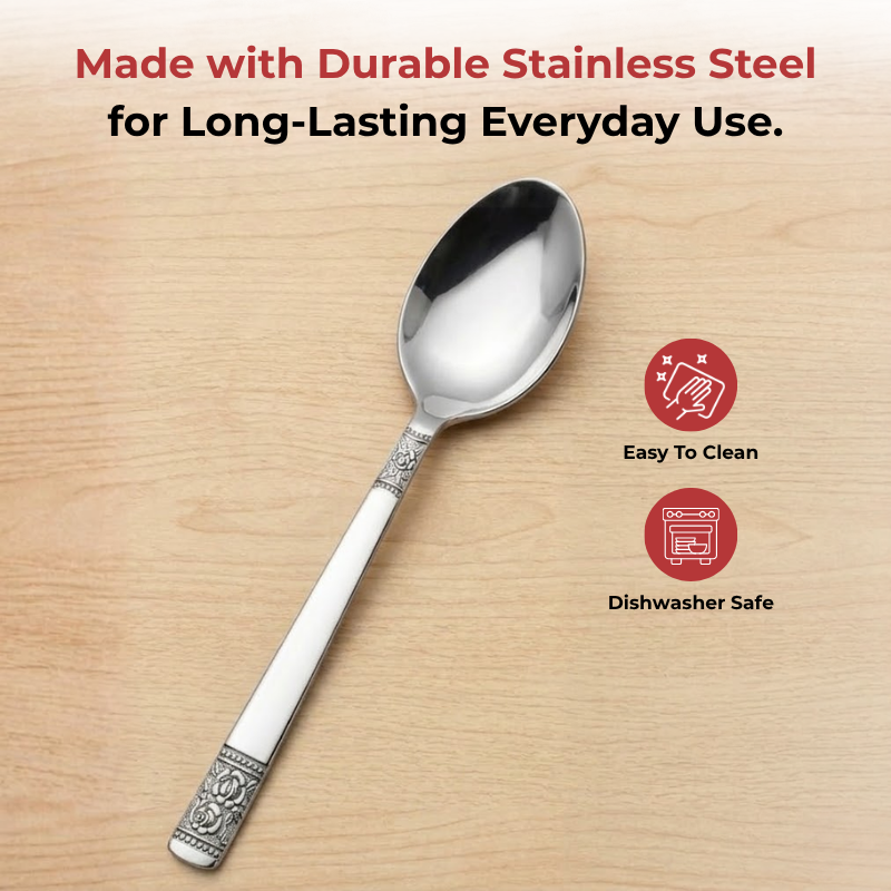 Vinod Moscow stainless steel dessert spoon set of 12, angled view