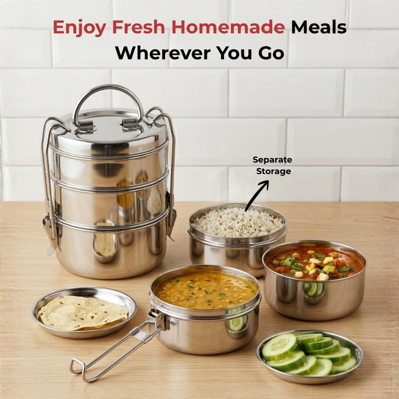 Vinod Stainless Steel Lunch Tiffin - 3 Compartment, angled view