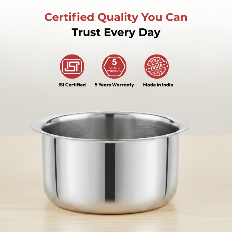 Vinod Claro Heavy Gauge Stainless Steel Tope (Plain), 1.5 mm, angled view
